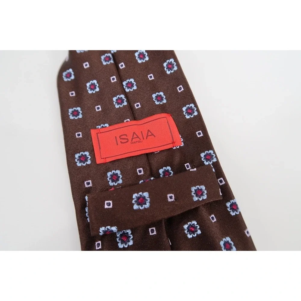 Isaia Napoli Silk Tie Mens OS Brown Blue Floral Geometric 7-Fold Handmade Italy - Picture 2 of 10